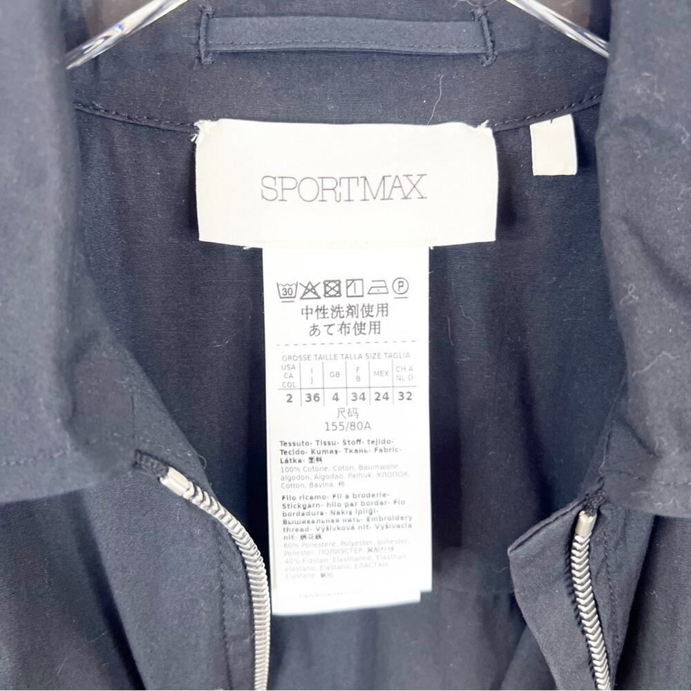 SPORTMAX MaxMara Poplin Smocked Waist Zip Front A-Line Shirtdress 2 Black - Picture 7 of 7